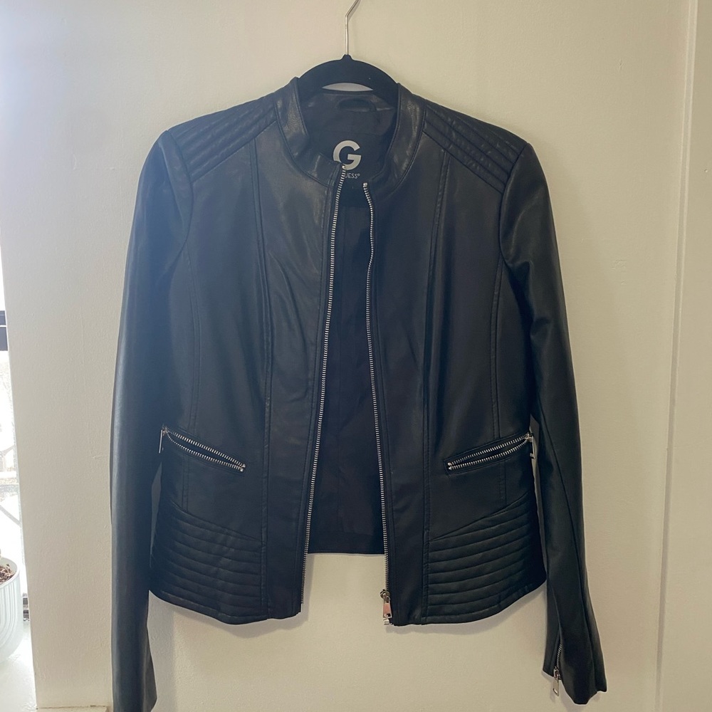 Black Guess Faux Leather jacket with zipper detail
